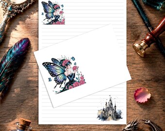 Set de papelería de hadas: Castillo gótico, alas de mariposa, papel rayado A5