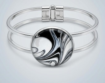 Brazalete de mármol blanco y negro, brazalete con cabujón abstracto plateado
