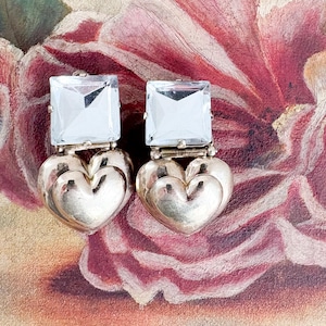 Nereides Paris Oversized Silver Heart Clip Earrings, 1970&#39;s Parisian Costume Jewelry, Nereides Paris Clip Earrings