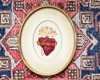 Embroidered Sacred Heart Framed, 1940's Oval Framed Sewn Sacred Heart, Vintage Textile Art, Framed Religious Artifact, 40's Fabric Art