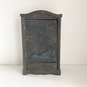 Curio Display Cabinet, Antique Black Painted Wood Display Cabinet with Door and Drawer, 1920&#39;s Handmade Tabletop Curio Display Chest