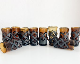 Felipe Derflingher Brutalist Caged Handblown Glassware, Set of 10 Derflingher Mexican 1970s Handblown Shot Glasses, Vintage Mexican Glass