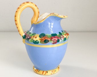 Della Robbia Ceramic Pitcher, 1950's Italian Majolica Ceramic Blue Pitcher, Vintage Italian Pottery Pitcher, Rustic Italian Pottery Pitcher