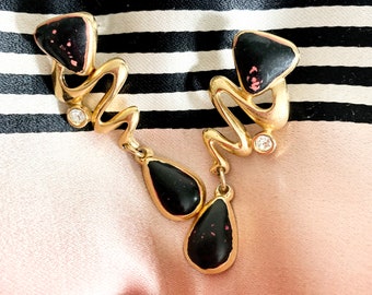 Gold Tone Squiggle Shape Dangle Earrings, Vintage 1980's Earrings