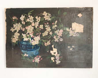 Antique Floral Oil Painting on Stretched Canvas, Moody Floral Still Life on Stretched Canvas, 1910's Stretched Canvas Floral Oil Painting