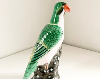 Famille Verte Style Parrot Figurine, 1960's Hollywood Regency Style Parrot Figurine, Vintage Tabletop Asian Style Parrot Figurine