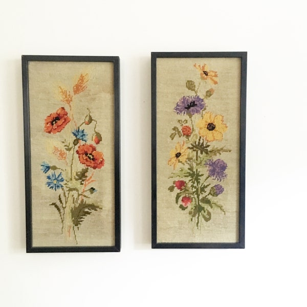 1970's Pair of Framed Floral Embroidery Wall Art