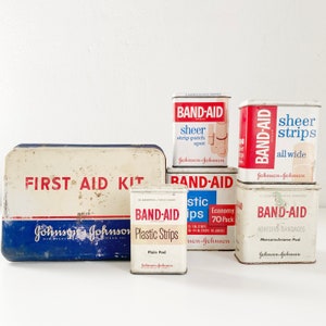 Band-Aid Tin Box Collection, Set of 5 Band-Aid Tins and Johnson & Johnson First Aid Kit, Vintage Bandage Tin Box Ephemera Collection