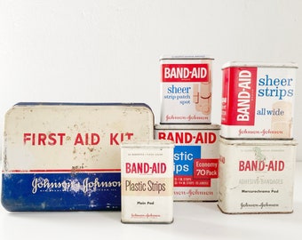 Band-Aid Tin Box Collection, Set of 5 Band-Aid Tins and Johnson & Johnson First Aid Kit, Vintage Bandage Tin Box Ephemera Collection