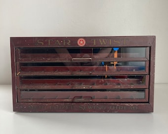 Antique Star Twist Thread Cabinet: 1920s Metal & Glass Display Case