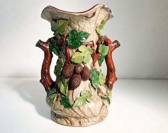 Antique Mettlach Villeroy & Boch Stoneware Vase: 1800's Acorn Tree Design