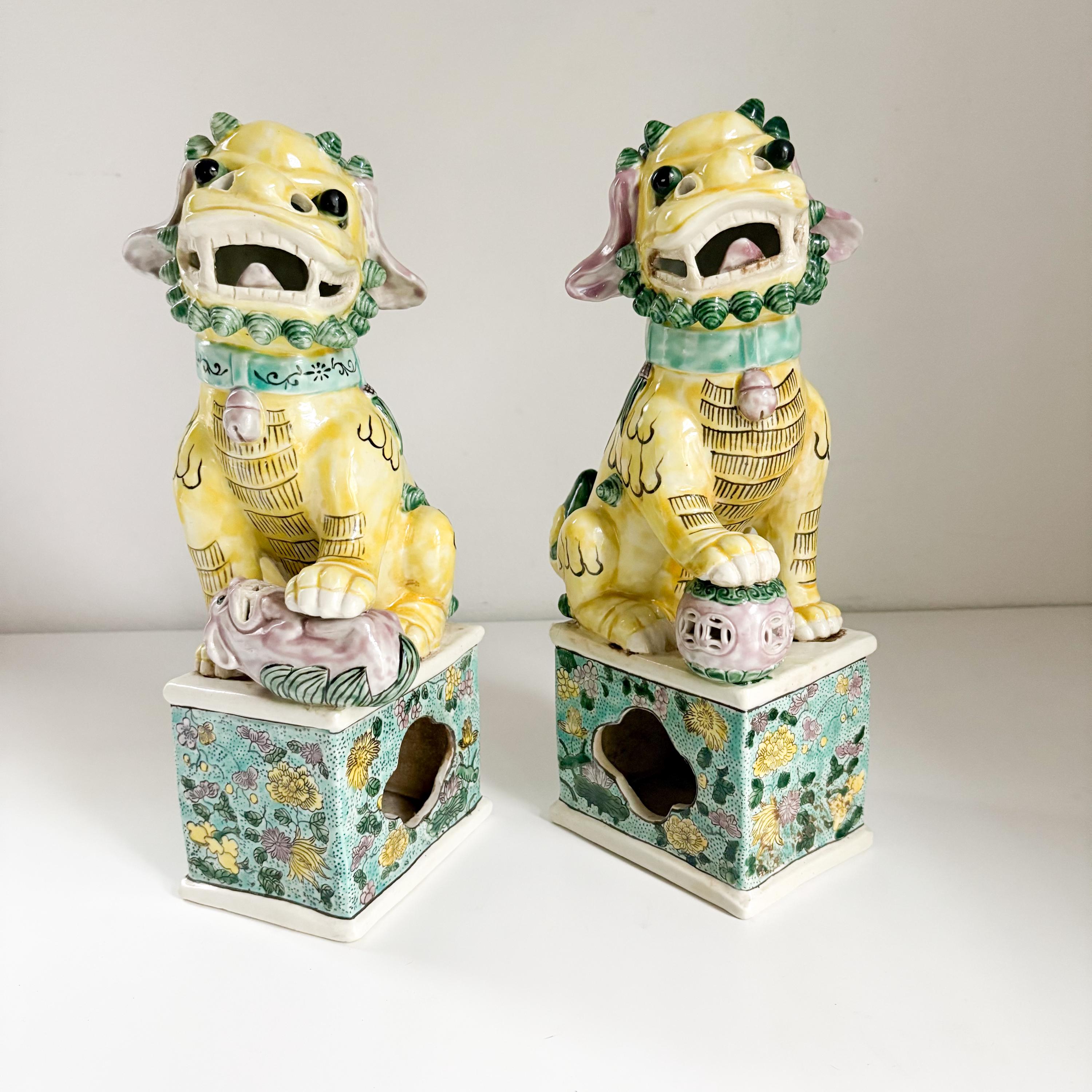 Antique Famille Rose Style Ceramic Foo Dog Pair: Green & Yellow