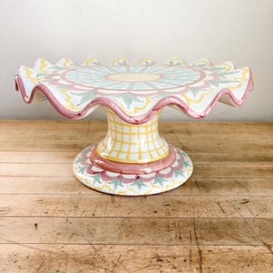 Mackenzie Childs "Madison" Hand Painted Ceramic Fluted Pedestal Cake Stand, 2002 Handmade Pottery