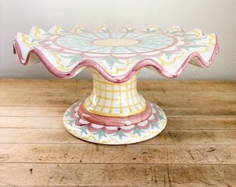 Mackenzie Childs "Madison" Hand Painted Ceramic Fluted Pedestal Cake Stand, 2002 Handmade Pottery