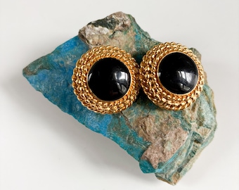 Vintage St John Gold Tone Circular Black Onyx Style Clip Earrings: 1980s Costume Jewelry