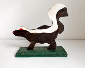 Handmade Folk Art Wood Skunk Figurine: 1970s Rustic Decor