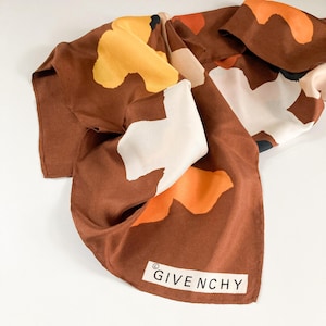 Givenchy Amber Toned Silk Scarf, Vintage Givenchy Silk Scarf, Vintage &#39;70&#39;s Designer Silk Scarf, Hand Rolled Givenchy Silk Scarf