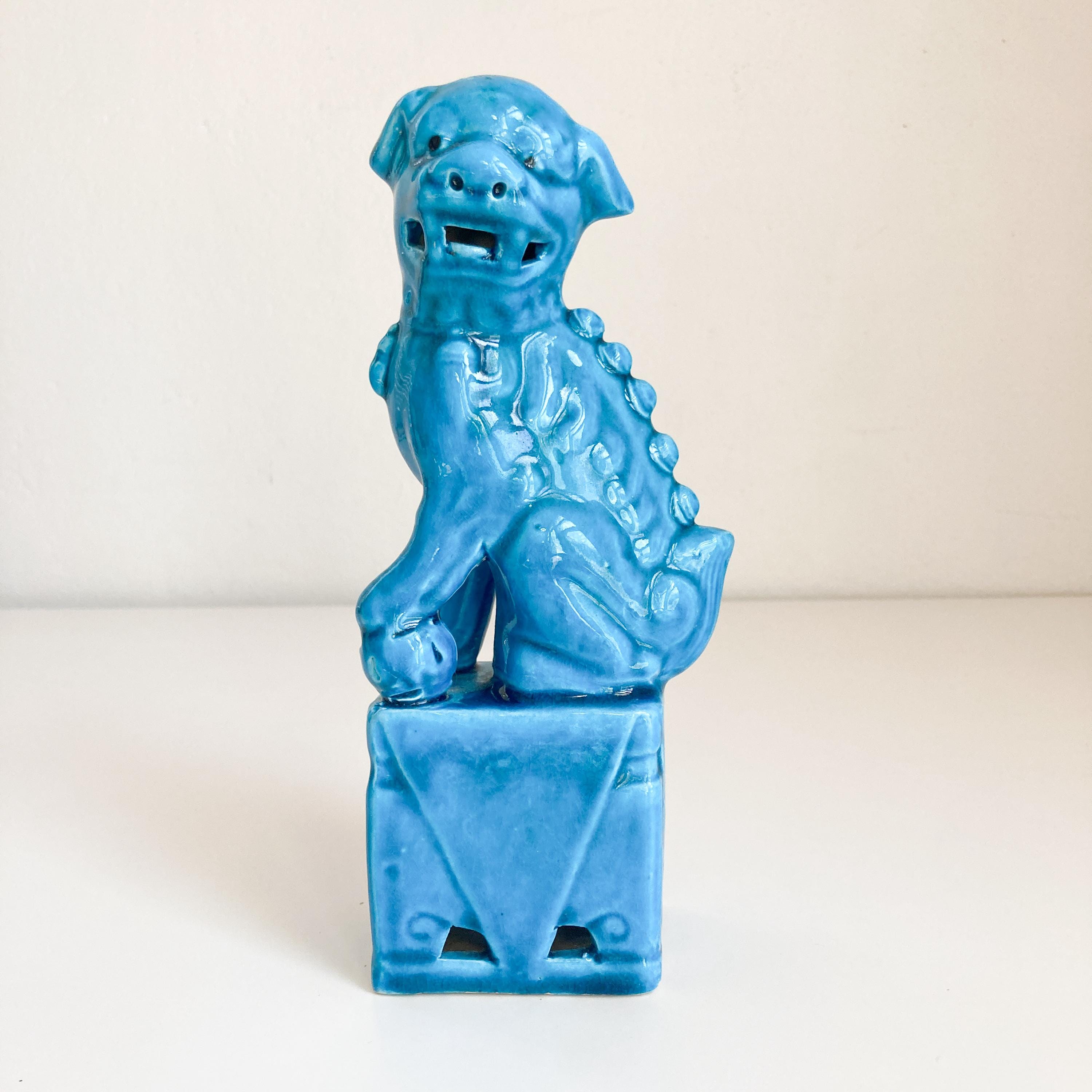 Ceramic Foo Dog Male Figurine, Turquoise Pottery Asian Foo Dog, 1960's Ceramic Foo Dog Figurine, Blue Glazed Foo Dog Figurine