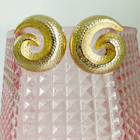 Gold Circular Swirl Textured Earrings, Vintage Tex