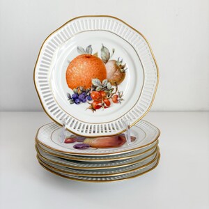 Vintage Fruit Porcelain Plates: Reticulated Gold Rim Dessert Plates, Set of 6