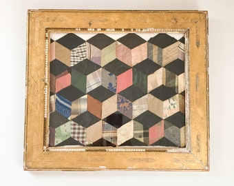 Antique Quilt Piece Fragment Framed, Antique Frame and Quilt Wall Decor, 1880's Silk Quilt Fragment, Trompe L'oeil Geometric Quilt Pattern