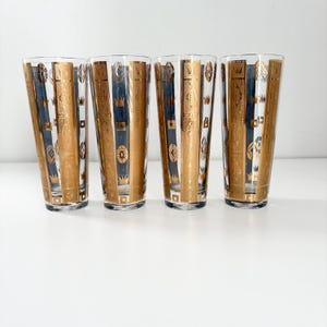 Georges Briard Signed Gold and Blue Oversized Highball Glasses, Set of 4 Briard Tumbler Glassware, MidCentury Barware, 1960&#39;s Glassware