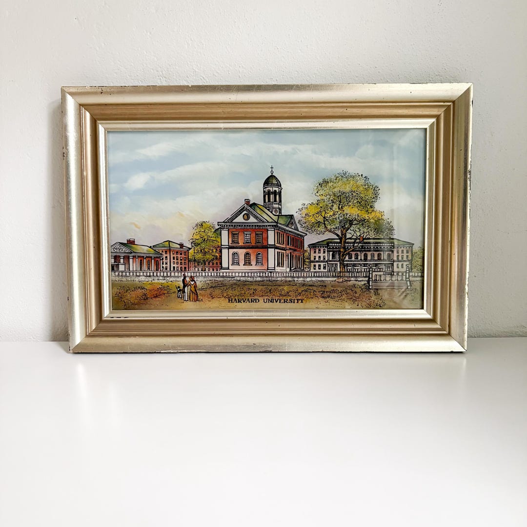 View of Vintage Harvard University Reverse Glass Painting: 1960s Ivy League Art ...