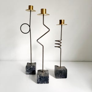 Kräsen Candlesticks by Ehlen Johansson for Ikea, 80s Stone and Wrought Iron Trio of Candlestick Holders, Vintage Ikea Tabletop Candlesticks