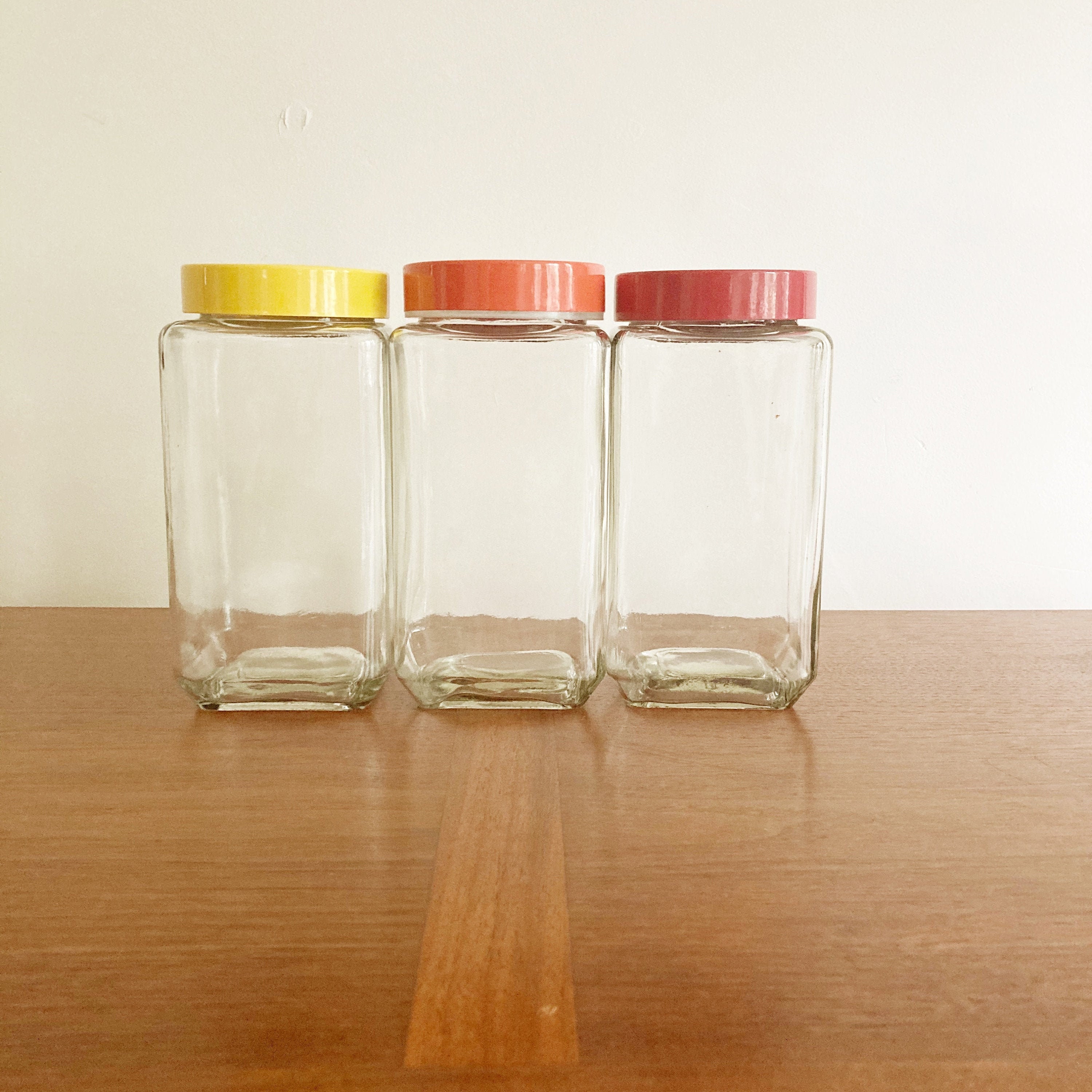 Set of 3 Glass Canisters with MultiColored Lids 1970's Etsy