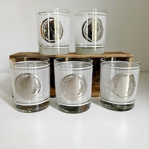Georges Briard Roman Coin Style Double Old Fashion Glasses, Set of 5 George Briard Roman Coin Pattern Glassware, 1960&#39;s MCM Tumbler Glasses