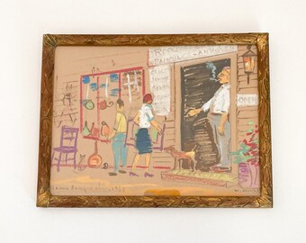 Wayne B Morrell Original Oil Pastel Drawing of Antique Shop, Dated 1983 Drawing of Shop Scene, 1980s Framed Artwork, Wayne Beam Morrell Art