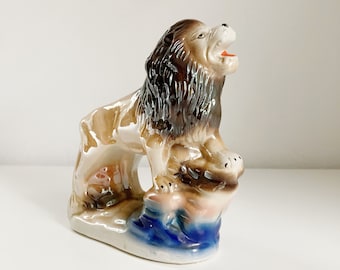 Lion Lusterware Figurine, Vintage Lion Figurine, Ceramic Brazilian Lion, 1960s Brazilian Pottery, Jungle Cat Figurine