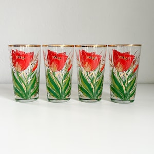 Culver Cinnabar Tulip Pattern Highball Cocktail Glasses,  Set of 4 Vintage Glasses, 1960&#39;s Glassware, Vintage Culver Tulip Glassware