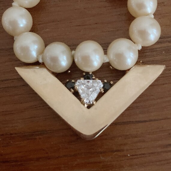 Faux Pearl Necklace with Gold V Pendant and Black… - image 3