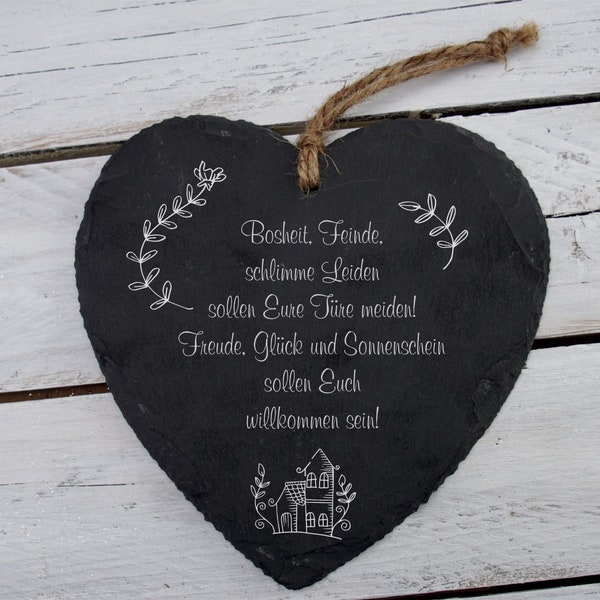 Schiefer Herz Haussegen "Bosheit, Feinde, schlimme Leiden...." Schild Platte Geschenk Idee Einzug Hochzeit , inkl. Versand