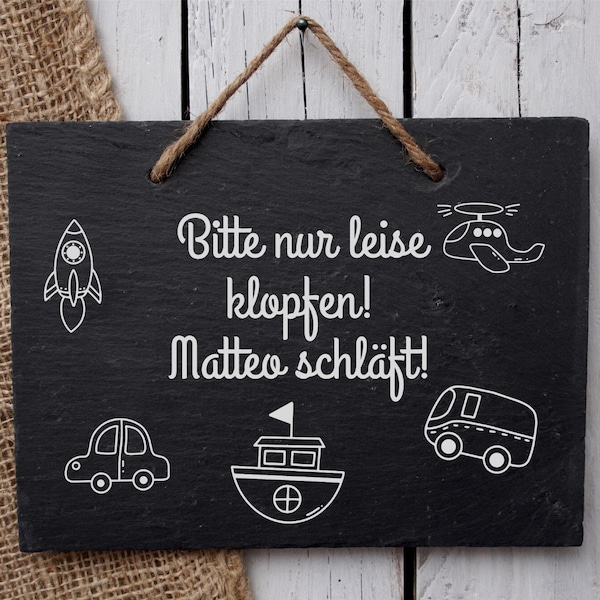 Schiefer-Tafel Schild Platte Geschenk Idee Taufe Geburt "Baby schläft", mit Wunschgravur inkl. Versand
