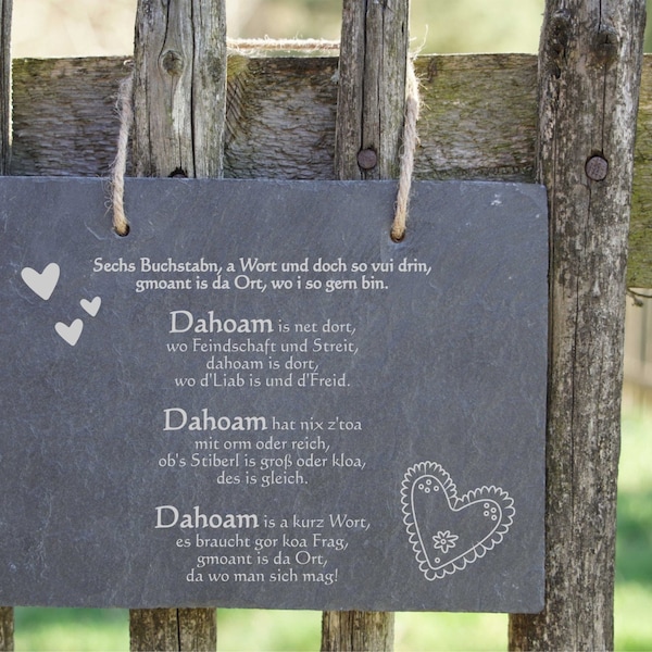 Schiefer Tafel Haussegen "Dahoam" Gedicht Schild Platte Geschenk Idee Einzug Hochzeit , inkl. Versand