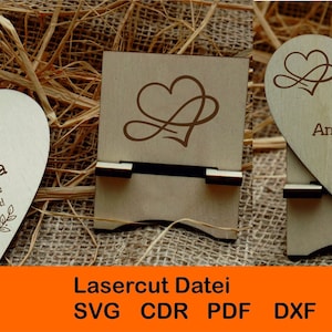 Lasercut Laser Cut Datei Halter für Sitzkarten Platzkarten Herz Hochzeit Kommunion Taufe Geburtstag Idee, versch. Dateiformate, für 4mm Holz