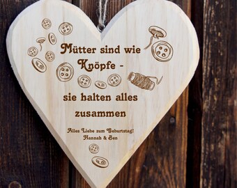 Wooden Heart, Birthday, Mother's Day, Thank You, Mom, Mother's Gift, Wooden Heart Motif "Buttons Mom" with Custom Engraving, incl. Shipping