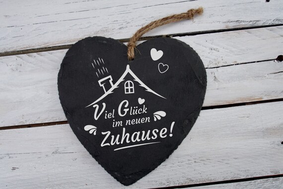 Schiefer-Herz Geschenk Einzug Eingang Haustür Deko Geburtstag Dankeschön Motiv „Viel Glück im neuen Zuhause!" , inkl. Versand