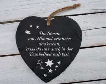 Schiefer Herz mit Sternen-Motiv  "Das Licht der Liebe..." - Grabgestaltung Trauer Beerdigung Allerheiligen Grab Erinnerung
