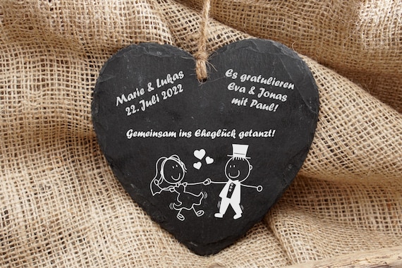 Großes Schiefer-Herz Geschenk Hochzeit Trauung Eheschließung Motiv „Gemeinsam ins Eheglück getanzt" mit Wunschgravur, inkl. Versand