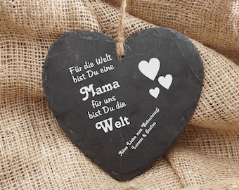 Large slate heart gift for mom, Mother's Day, birthday, thank you, "World Mom" motif with custom engraving, shipping included, slate heart