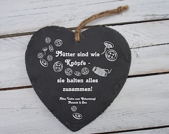 Large slate heart gift for mom, Mother's Day, birthday, thank you, "Buttons Mom" design with custom engraving, shipping included.