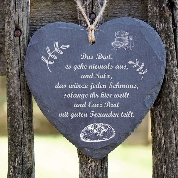 Schiefer-Herz Geschenk Einzug Eingang Haustür Deko Geburtstag Dankeschön Motiv „Brot & Salz" , inkl. Versand