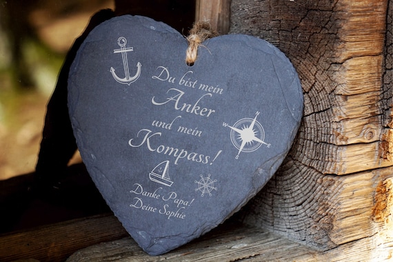 Großes Schiefer-Herz Geschenk Vatertag Motiv „Anker & Kompass" mit Wunschgravur