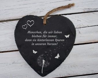 Schiefer Herz mit Pusteblume Motiv "Menschen, die wir lieben bleiben für immer..." - Grabgestaltung Trauer Beerdigung Allerheiligen