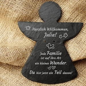 Great Slate Angel &quot;Every Family a Miracle&quot; Heart Guardian Angel Baptism Birth Communion Gift Godchild, with wish engraving,