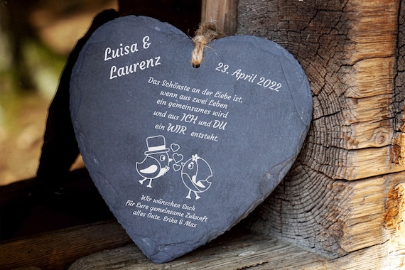 Großes Schiefer-Herz Geschenk Hochzeit Trauung Motiv Vogelhochzeit „ICH, DU, WIR" mit Wunschgravur, inkl. Versand