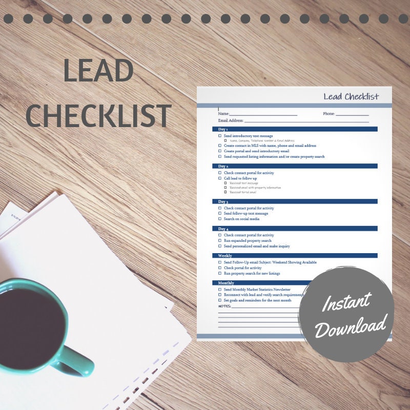 Real Estate Lead Checklist digital Download Etsy